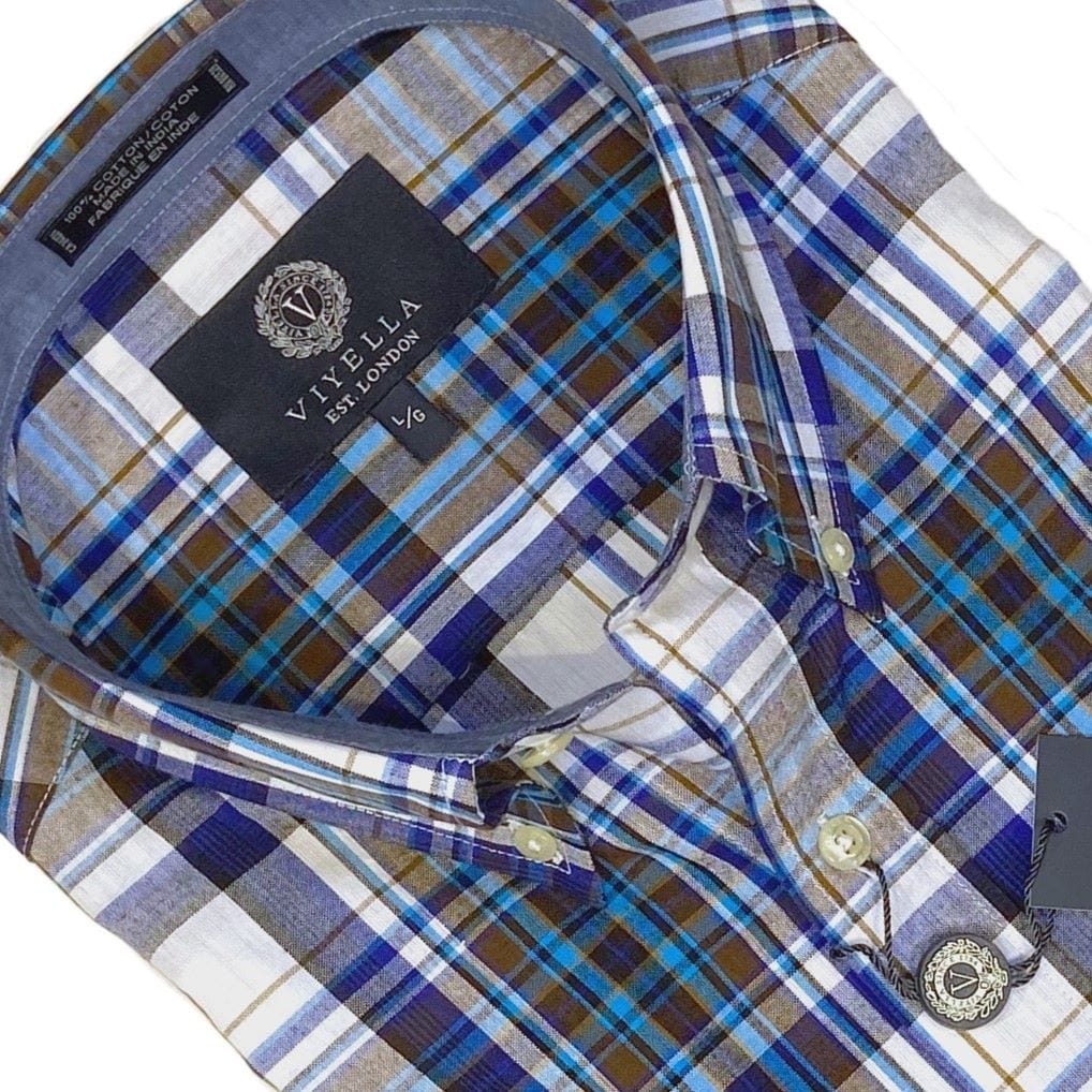 Viyella Men's Taupe Plaid Button-Down Short Sleeve Madras Sport Shirts