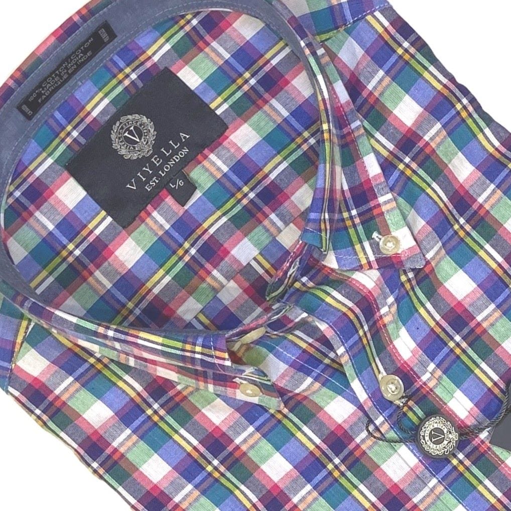 Viyella Men's Rose Plaid 100% Cotton Madras Short-Sleeves Sport Shirt to Stand Out