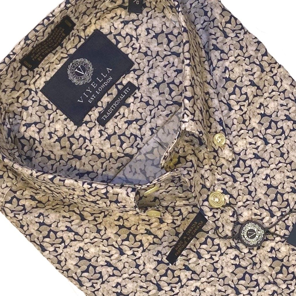 Viyella Cotton Blend Tan Print Button Down Short Sleeve Sport Shirts
