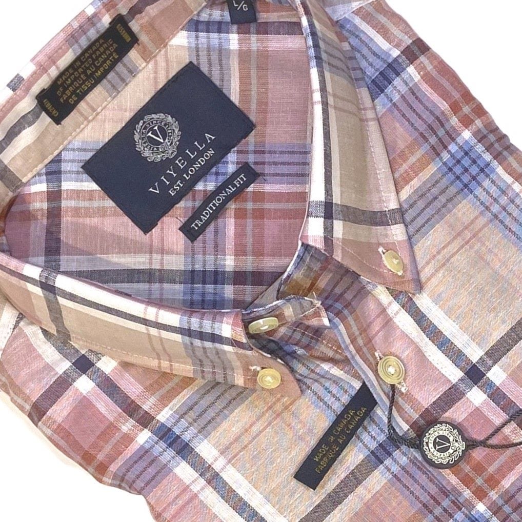 Viyella Canadian Made Cotton and Linen Tan Plaid Button Down Short Sleeve Sport Shirts