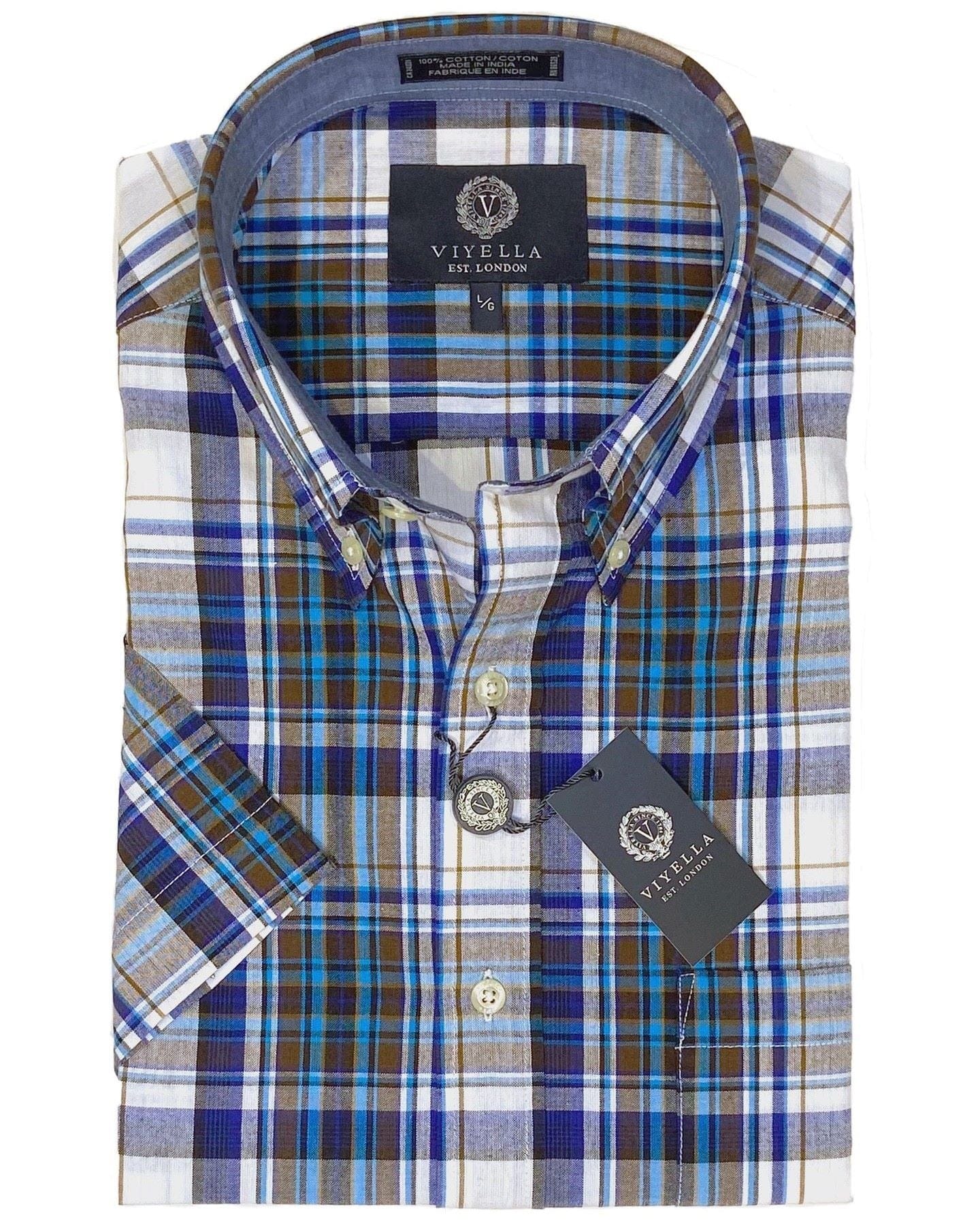 Viyella Men's Taupe Plaid Button-Down Short Sleeve Madras Sport Shirts