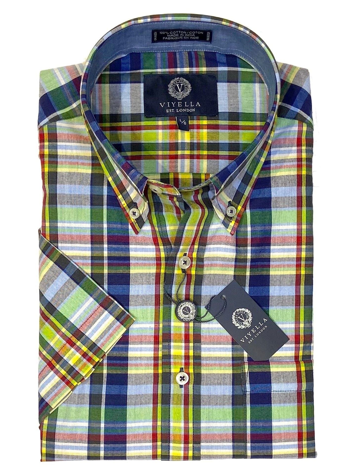 Viyella Brighten Up with Men's Madras Yellow Plaid Short Sleeve Button Down Shirts