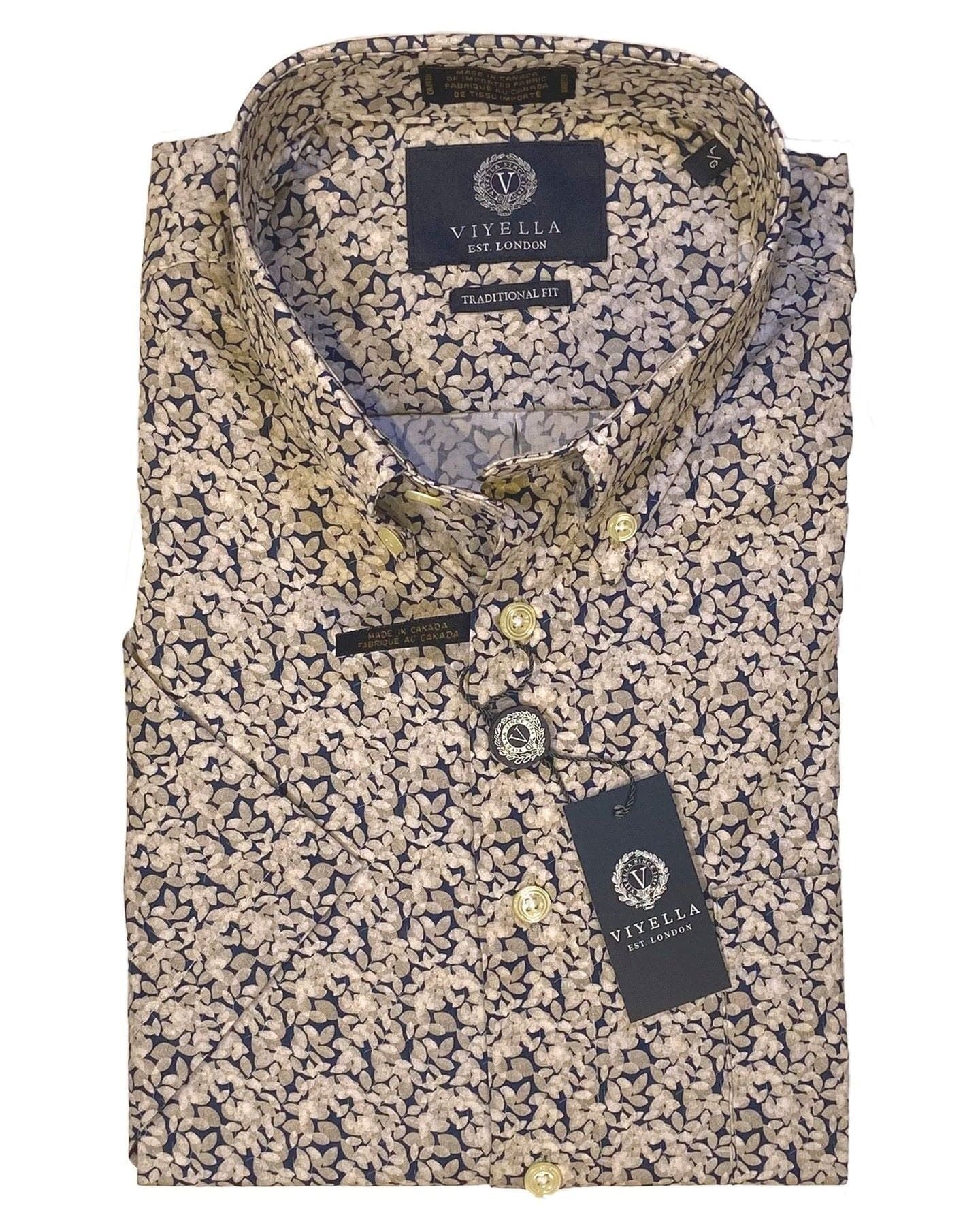 Viyella Cotton Blend Tan Print Button Down Short Sleeve Sport Shirts
