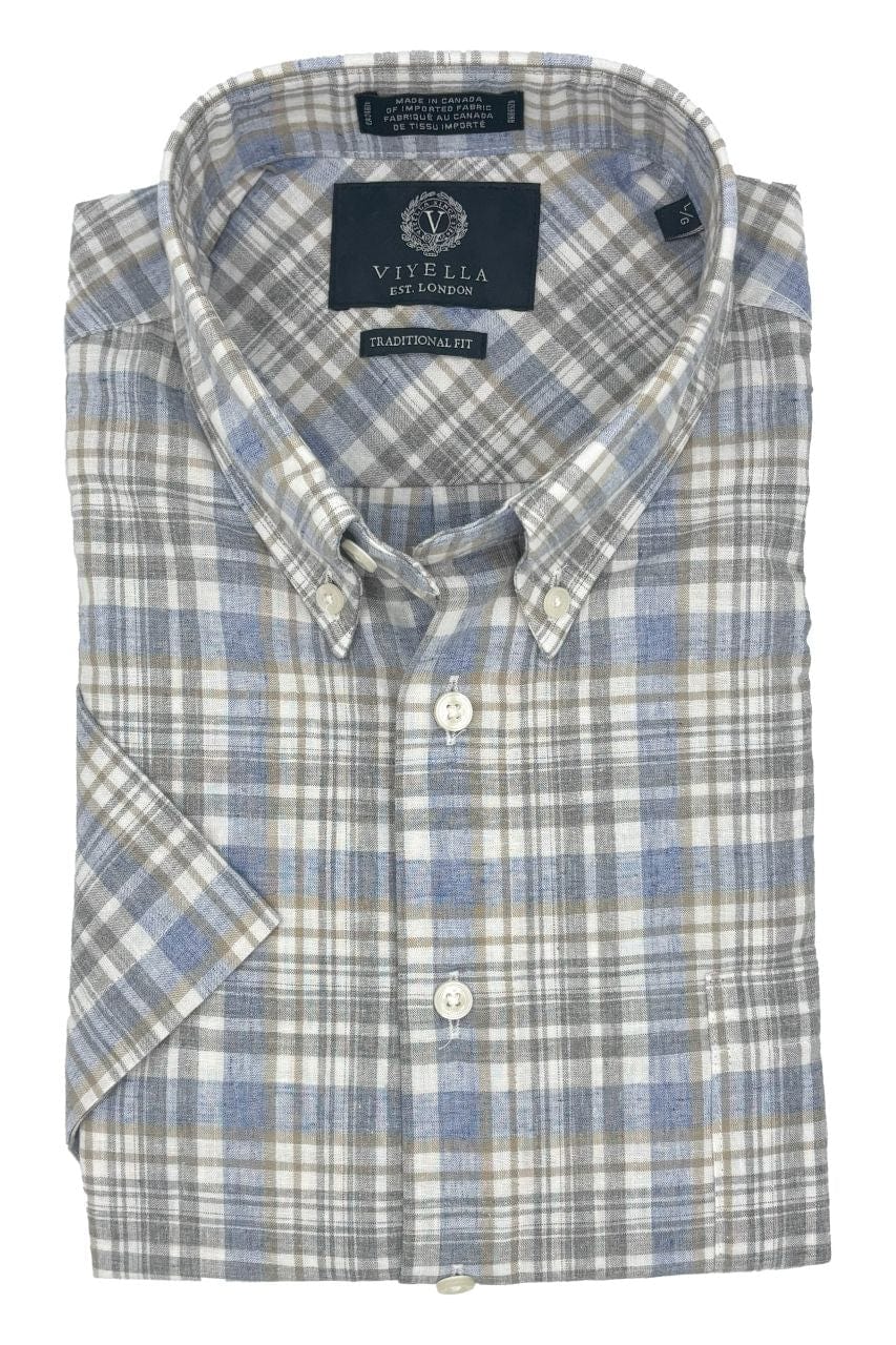 Viyella Blue Plaid Men's Premium Cotton & Linen Short Sleeve Shirt