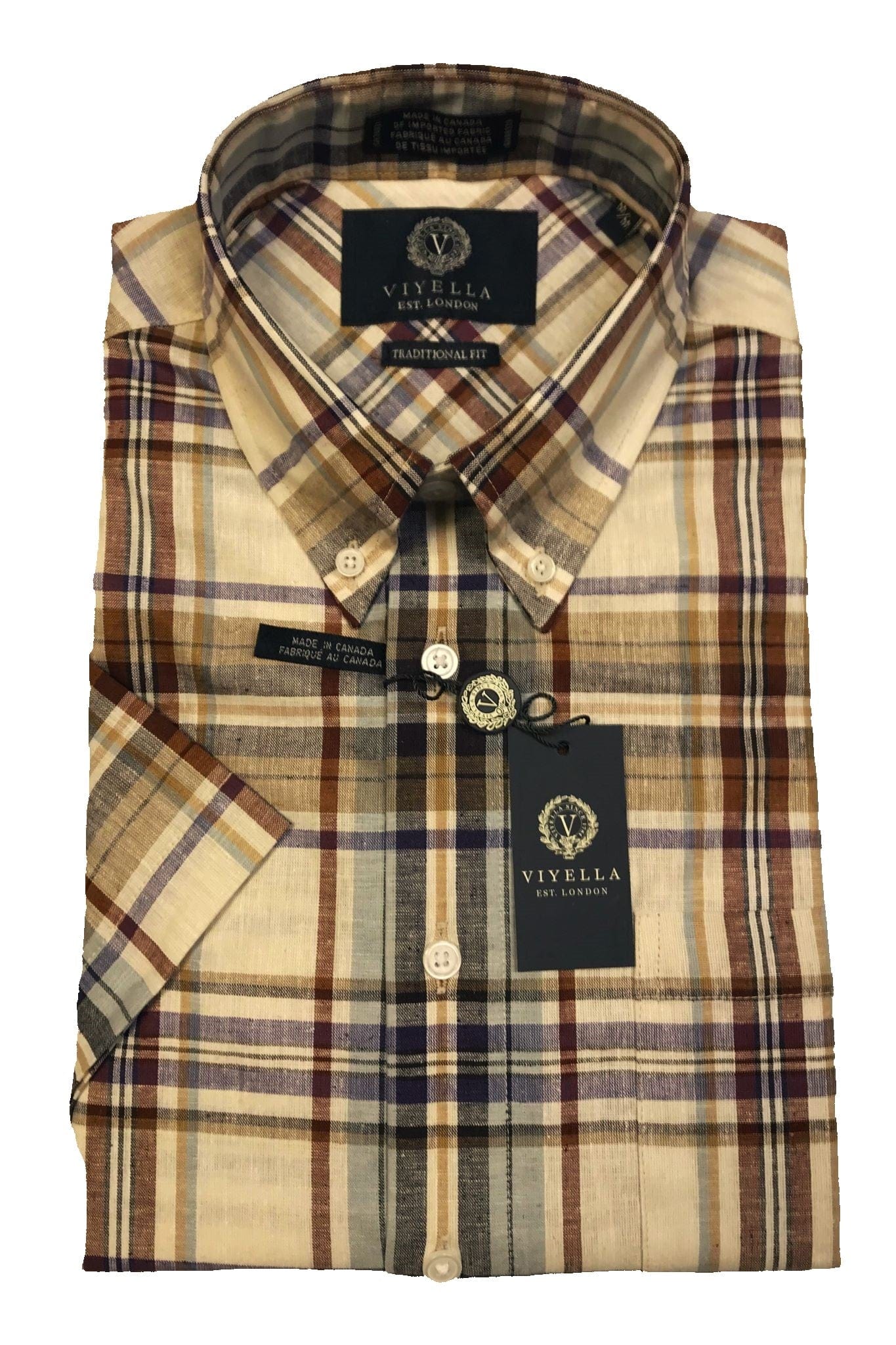 Viyella Brown Plaid Men's Premium Cotton & Linen Short Sleeve Shirt