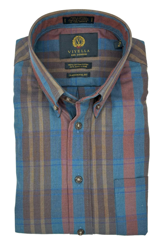 Viyella Brown Plaid 80% Cotton Wool Men’s Casual Long Sleeve Shirt