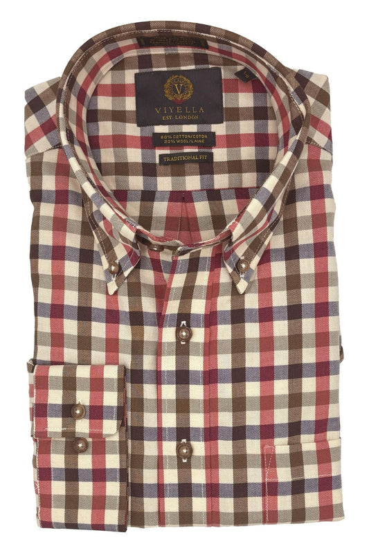 Viyella Cream & Red Gingham 80% Cotton Wool Casual Long Sleeve Shirt