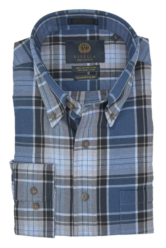 Viyella Denim Blue Plaid Long Sleeve Button Down Shirt – Classic & Stylish
