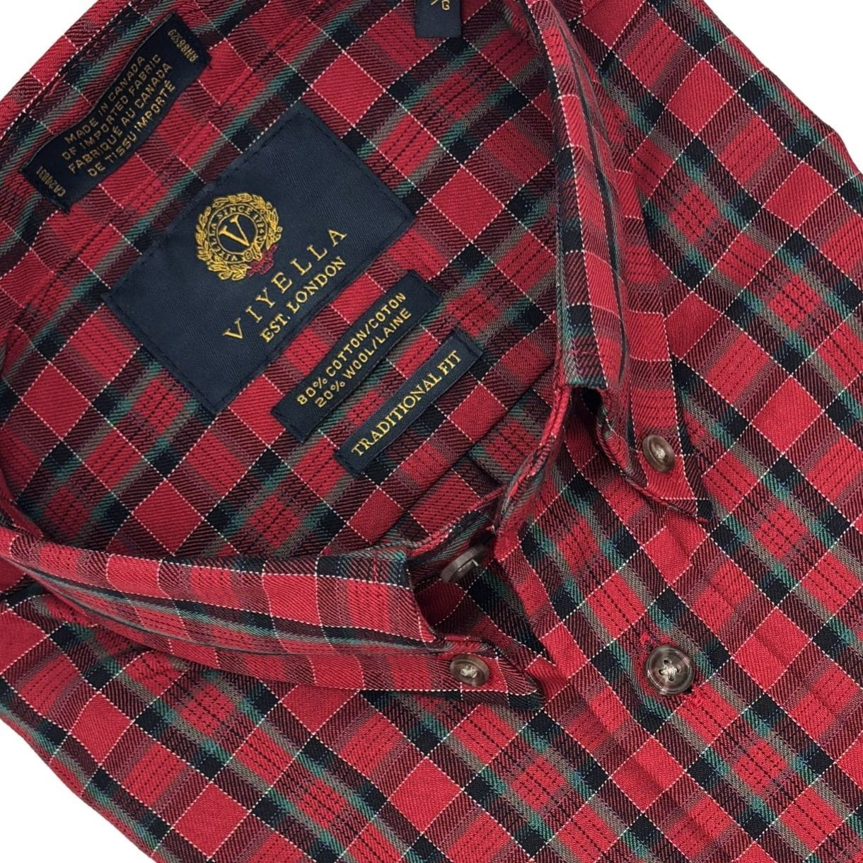 Viyella Red & Green Plaid 80% Cotton Wool Men’s Long Sleeve Shirt