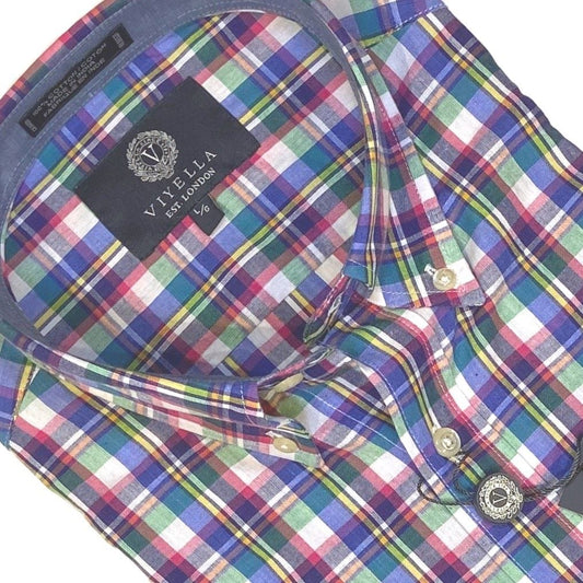 Viyella Men's Rose Plaid 100% Cotton Madras Short-Sleeves Sport Shirt to Stand Out