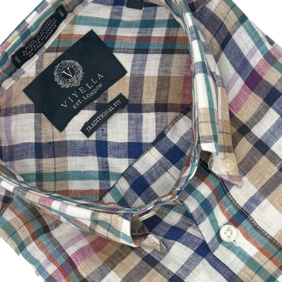 Viyella Multi Plaid Premium Linen Short-Sleeve Button-Down