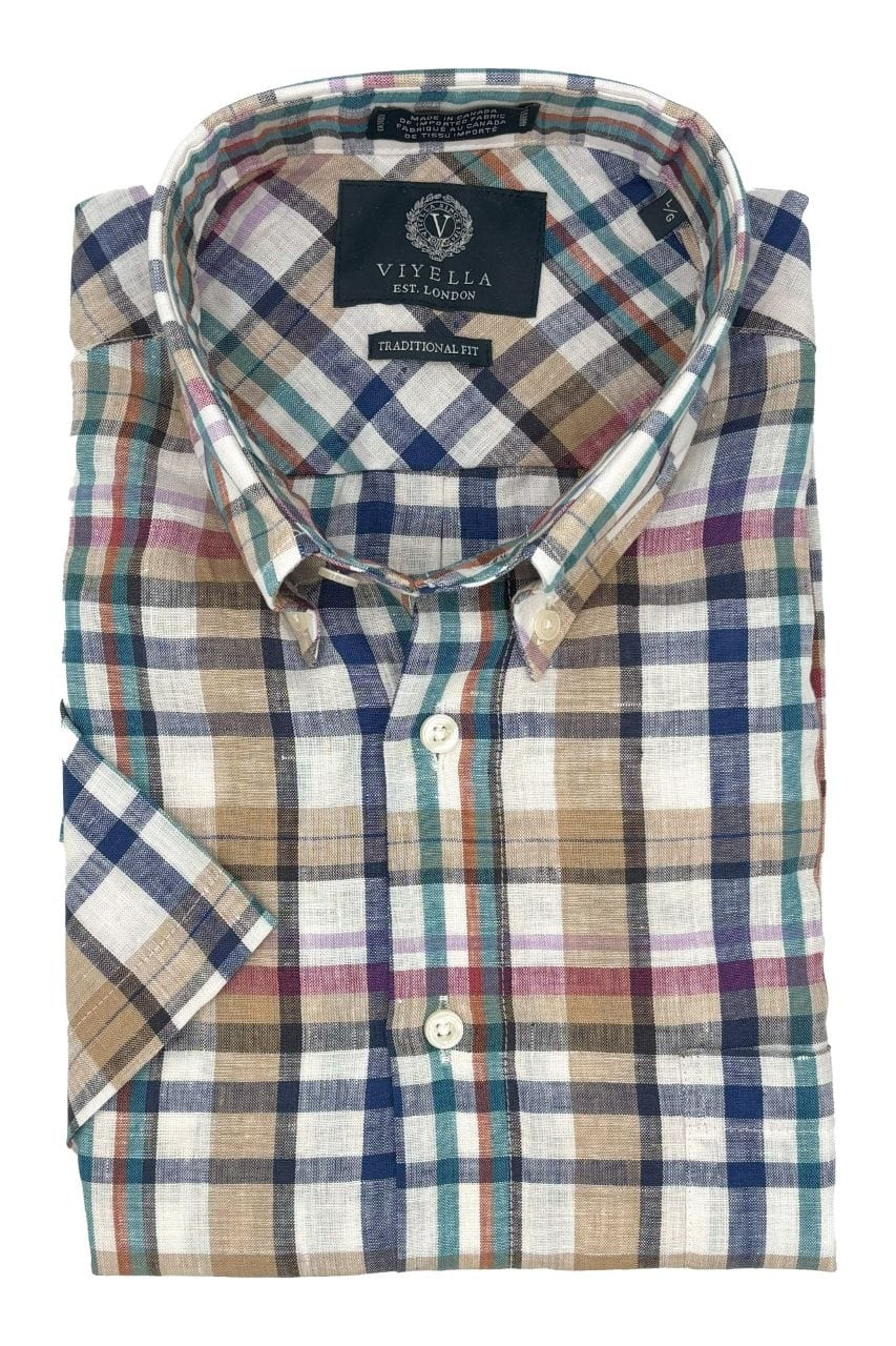 Viyella Multi Plaid Premium Linen Short-Sleeve Button-Down