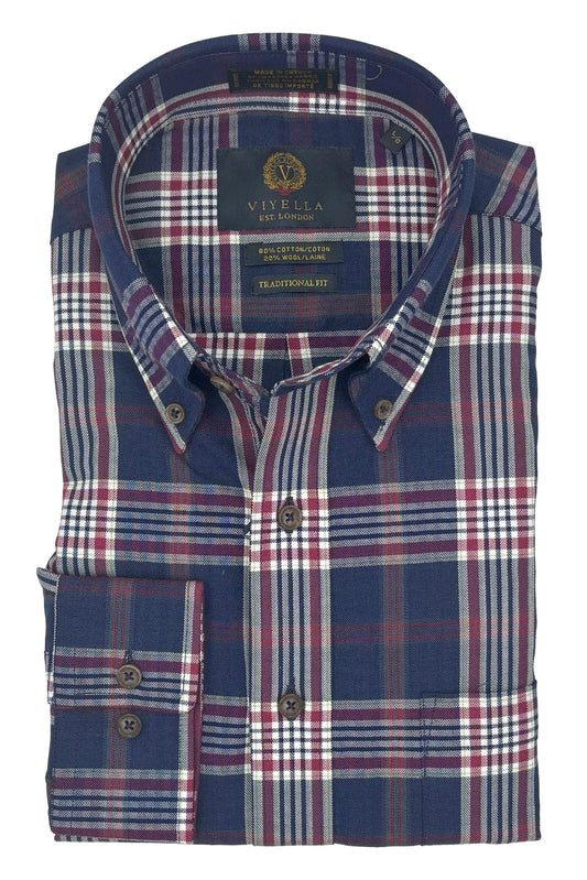 Viyella Navy Red & White Plaid 80% Cotton Wool Casual Long Sleeve Shirt