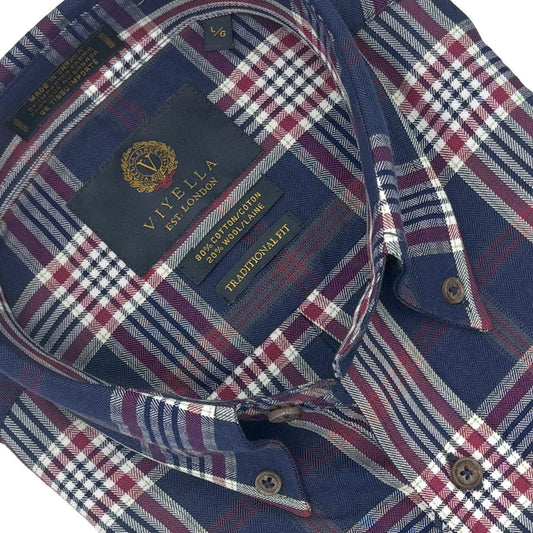 Viyella Navy Red & White Plaid 80% Cotton Wool Casual Long Sleeve Shirt