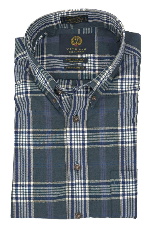 Viyella Navy Window Pain 80% Cotton Wool Men’s Button-Down Shirt