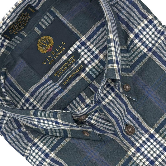 Viyella Navy Window Pain 80% Cotton Wool Men’s Button-Down Shirt