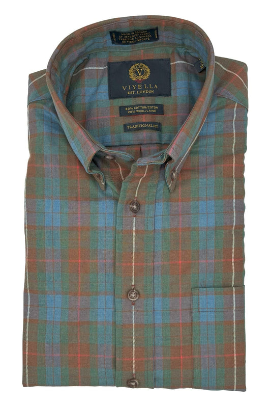 Viyella Green & Rust Plaid 80% Cotton Wool Long Sleeve Men’s Button-Down