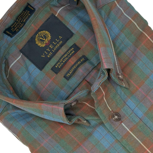 Viyella Green & Rust Plaid 80% Cotton Wool Long Sleeve Men’s Button-Down