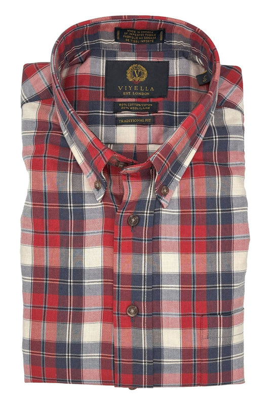 Viyella Red & Blue Plaid 80% Cotton Wool Men’s Long Sleeve Button-Down