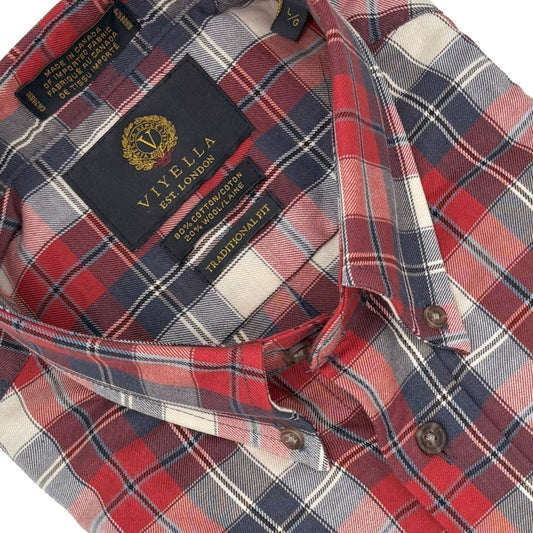 Viyella Red & Blue Plaid 80% Cotton Wool Men’s Long Sleeve Button-Down