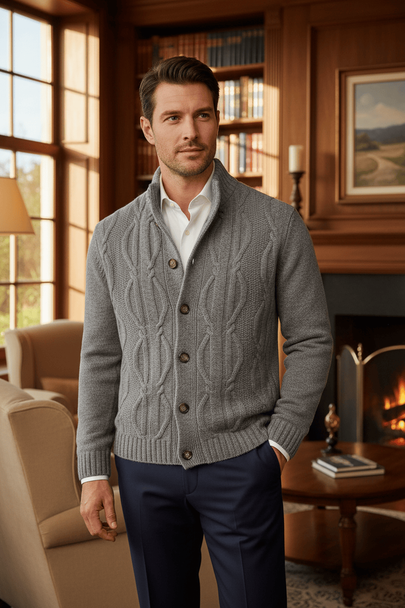 Stylish Viyella Grey Mockneck Cardigan 7 Button Cable Knit