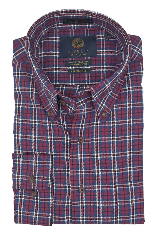 Viyella Wine Plaid with White Borders 80% Cotton Wool Sport Shirt