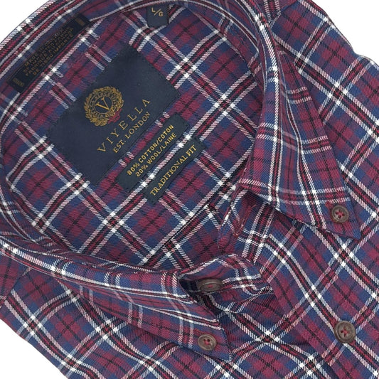 Viyella Wine Plaid with White Borders 80% Cotton Wool Sport Shirt