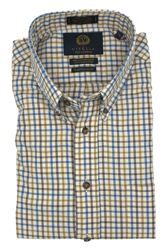 Viyella String Check Blue & Brown 80% Cotton Wool Long Sleeve Sport Shirt