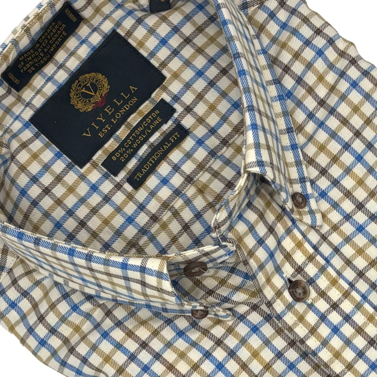 Viyella String Check Blue & Brown 80% Cotton Wool Long Sleeve Sport Shirt