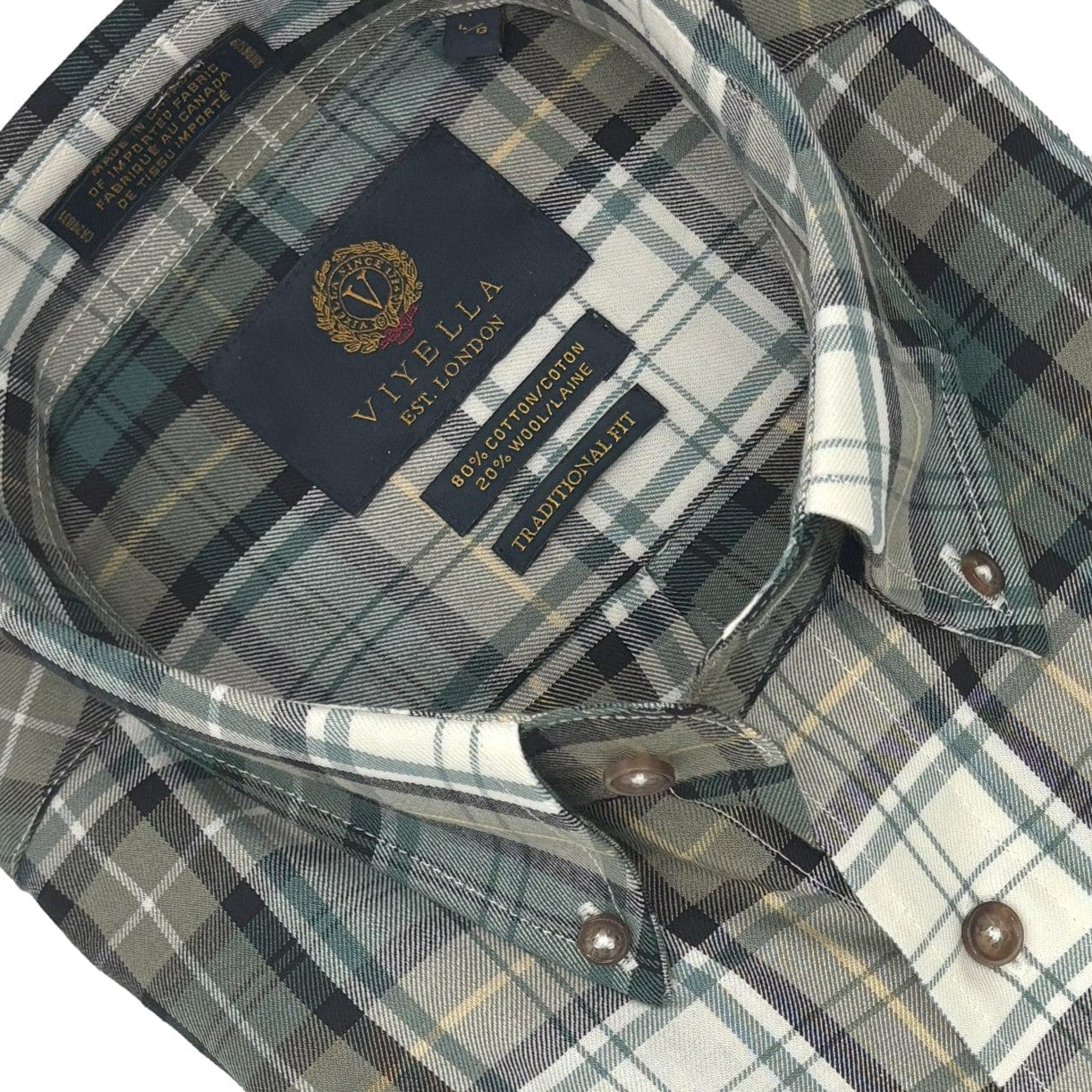 Viyella Tailored Fit • Warm Sage Green Plaid Men's Long Sleeve Shirt - Cotton & Wool Blend