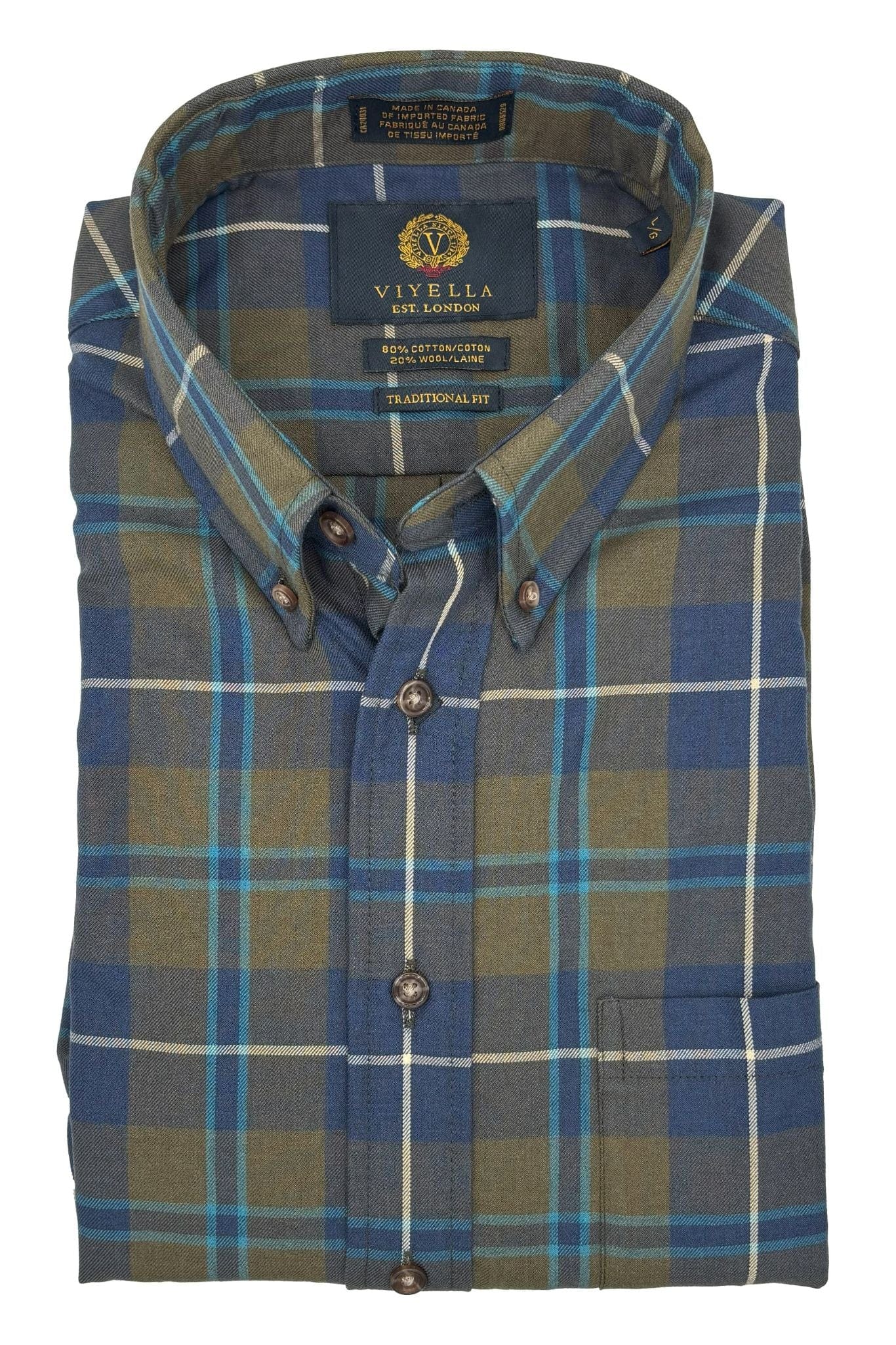 Viyella Teal Green & Blue Plaid 80% Cotton Wool Long Sleeve Sport Shirt