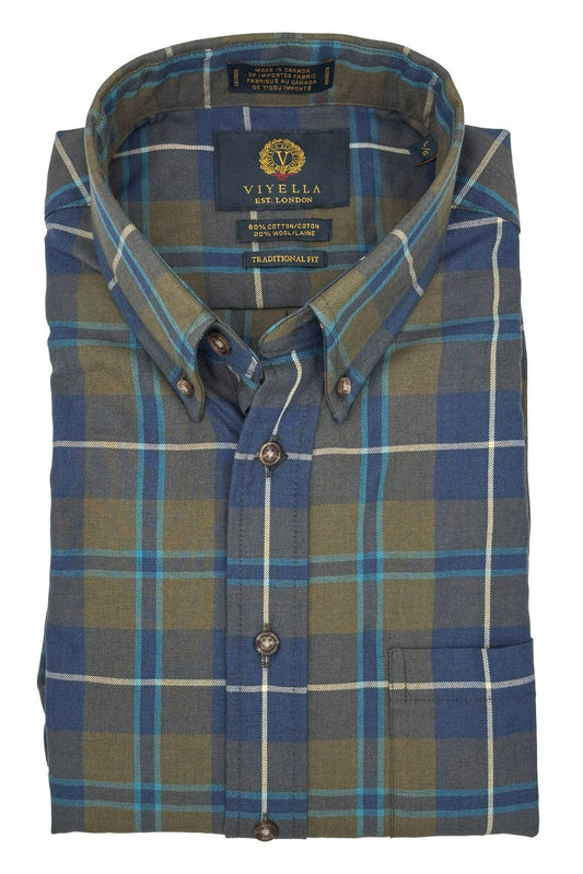 Viyella Teal Green & Blue Plaid 80% Cotton Wool Long Sleeve Sport Shirt