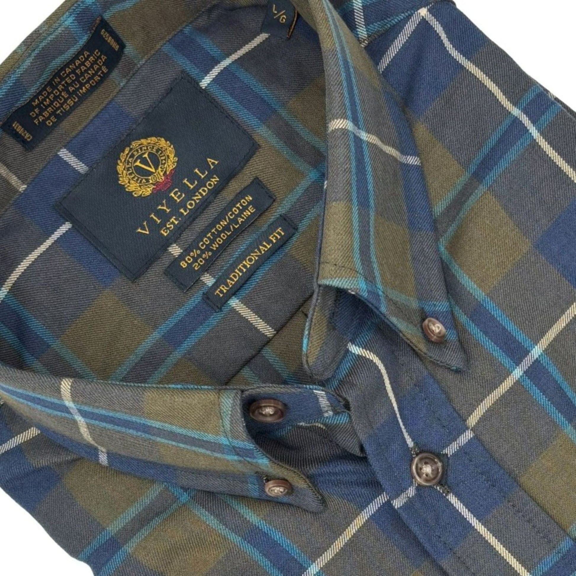 Viyella Teal Green & Blue Plaid 80% Cotton Wool Long Sleeve Sport Shirt