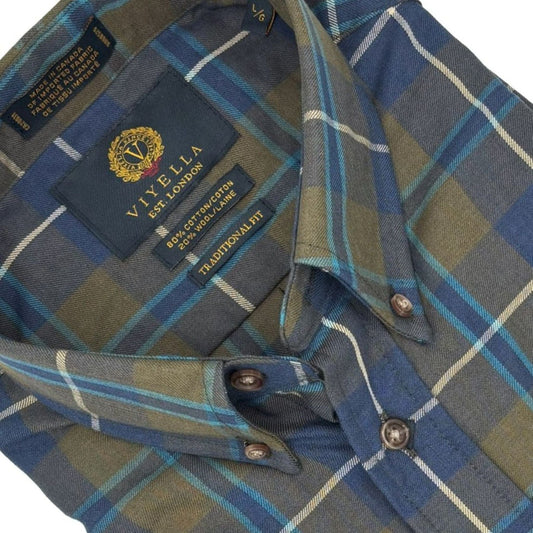 Viyella Teal Green & Blue Plaid 80% Cotton Wool Long Sleeve Sport Shirt