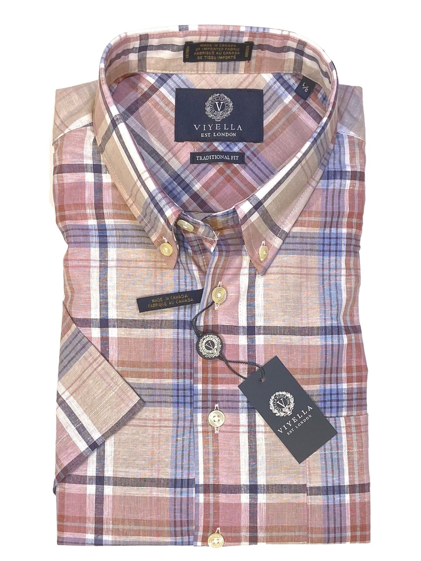 Viyella Canadian Made Cotton and Linen Tan Plaid Button Down Short Sleeve Shirts