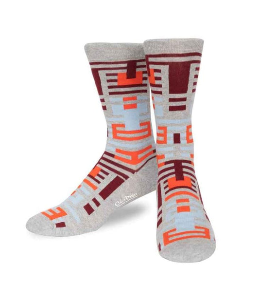 Cole & Parker Artistic Geometric Crew Sock in Burgundy & Orange on Grey