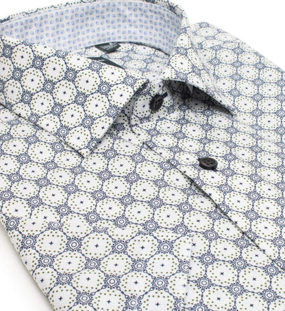 Mens Cotton White Printed Button Up Leo Chevalier Short Sleeve Shirts