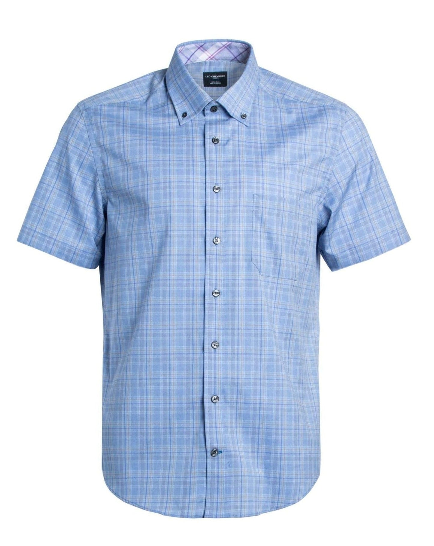 Leo Chevalier Design Mens Deep Blue Cotton Leo Chevalier Button Up Short Sleeve Shirts