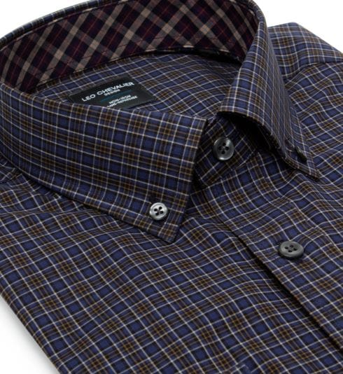 Leo Chevalier Design Blue Check Leo Chevalier Cotton Button Down Collar Long Sleeve Shirts