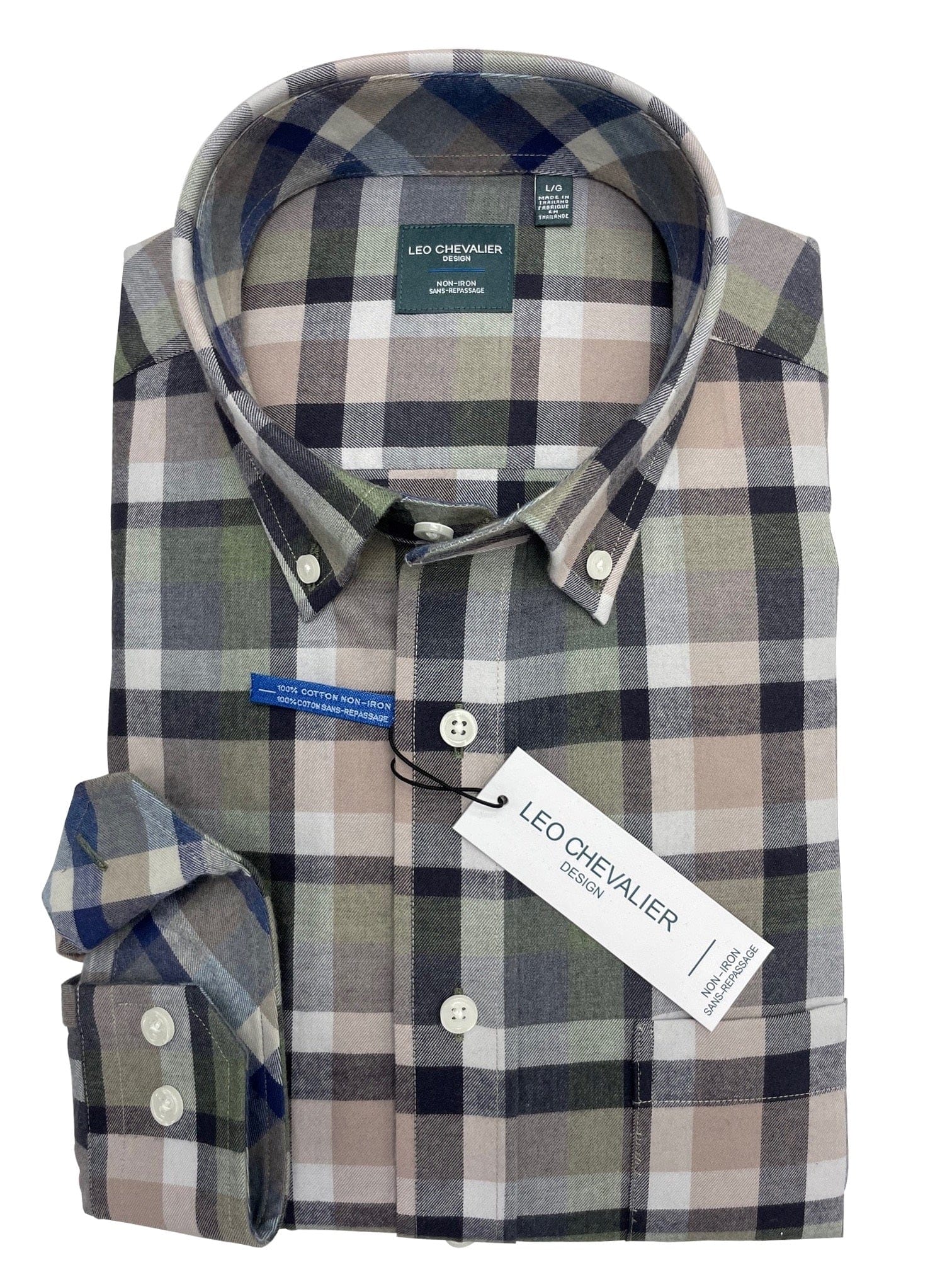 Leo Chevalier Design Leo Chevalier Sage Plaid Cotton Button Down Collar Long Sleeve Shirts