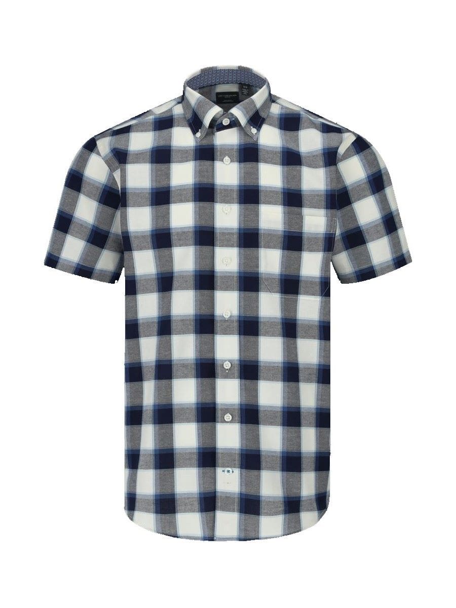 Leo Chevalier Blue Plaid 100% Cotton Down Collar Short Sleeve Shirts