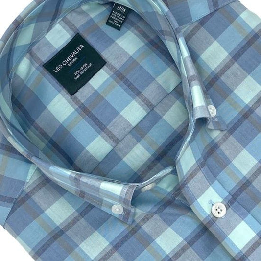 Leo Chevalier Design Aqua Plaid Short Sleeve Button Down Shirt