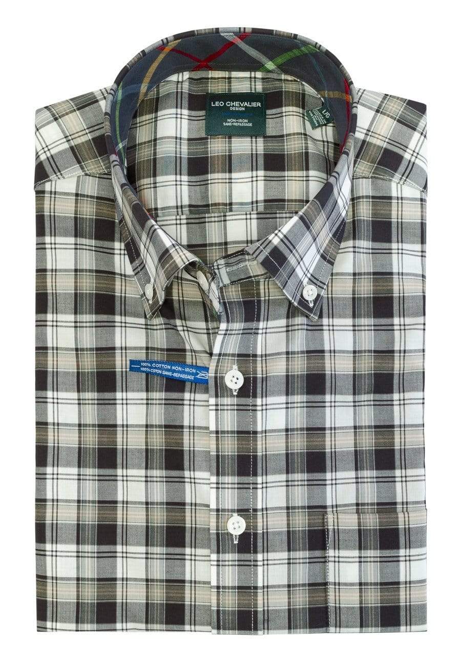 Leo Chevalier Design Black Plaid Cotton Button Down Collar Short Sleeve Shirts Leo Chevalier