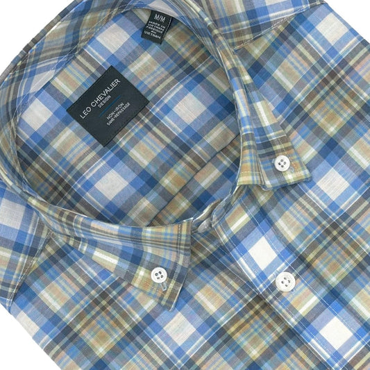 Leo Chevalier Design Blue Plaid Cotton Non-Iron Short Sleeve Shirt