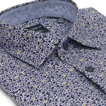 Leo Chevalier Design Blue Printed Cotton Leo Chevalier Button Down Collar Short Sleeve Shirts