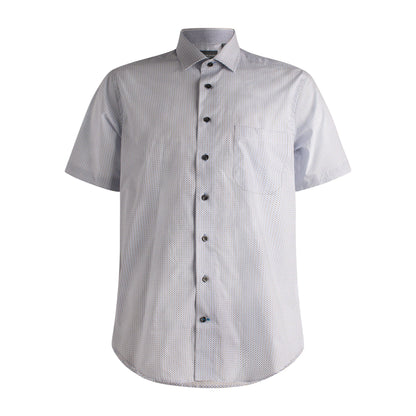 Leo Chevalier Design Blue Printed On White Cotton Leo Chevalier Spread Down Collar Short Sleeve Shirts