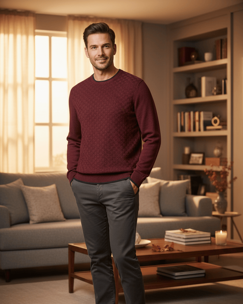 Leo Chevalier Design Burgundy Crewneck Pullover Mens Sweater with Banded Cuff