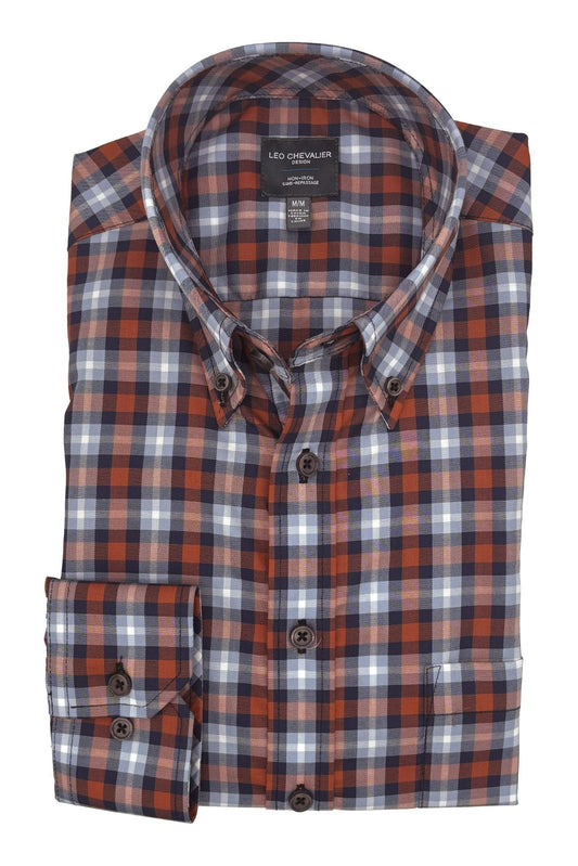 Leo Chevalier Design Burnt Orange Check Men's Casual Button Down Shirt