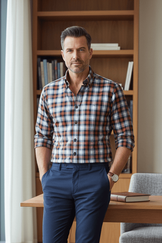 Leo Chevalier Design Burnt Orange Check Men's Casual Button Down Shirt