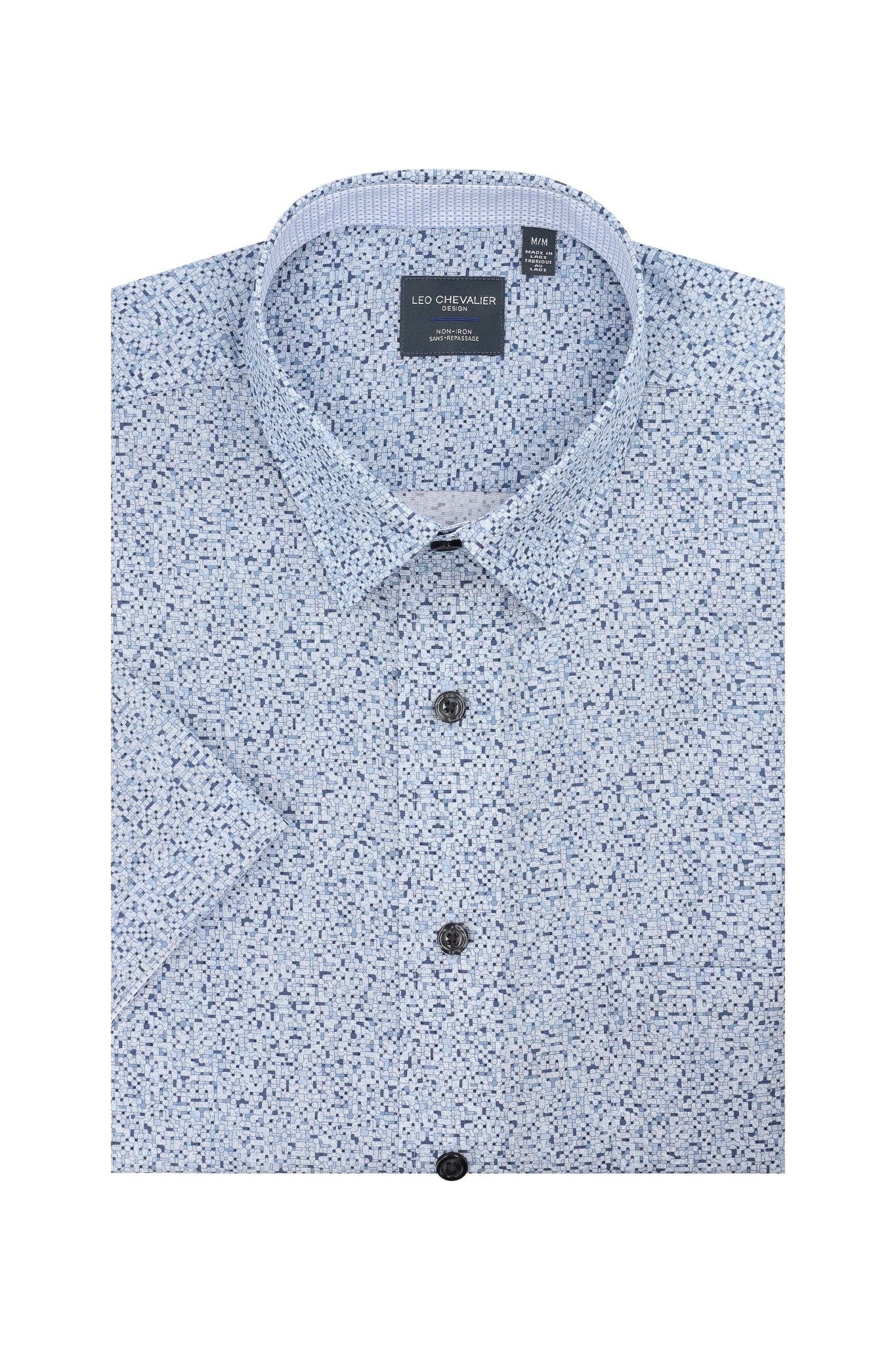 Leo Chevalier Design Sky Blue Casual Men's Hidden Button Down Short-Sleeve Shirt